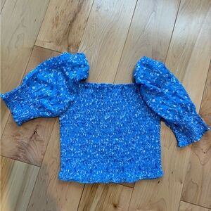 Blue Floral Ruched Puff Sleeve Crop Top Size S
